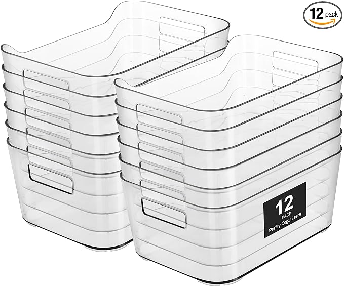 Heyuzb Pantry Organizers and Storage, Clear Plastic Storage Bins | 12 PACK, Large BPA - Free Organizer Bins, Home Essentials for Kitchen, Under Sink, Bathroom, Cabinet Organization