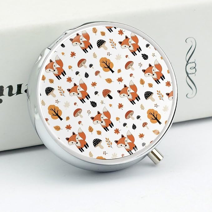 Pocket Pill Case, Cute Fox Fall Mushrooms Compact Round Holder, Travel Organizer for Supplements, Waterproof Pill Box Purse Use for Professionals