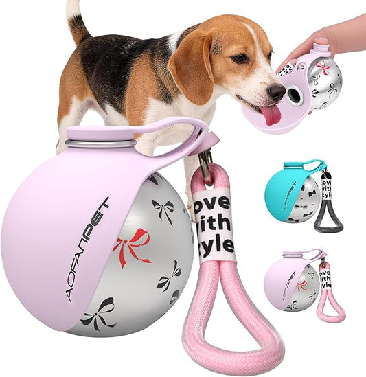 Portable Dog Water Bottle 10oz Stainless Steel Travel Dog Water Dispenser with Bowl No-Spill Puppy Water Bottle for Walking Hiking Small Dog Water Bottle (Pink Bow Print)