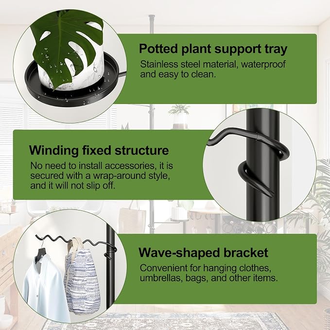 BAOYOUNI 4 Tier Plant Stand Pole Tension Rod Adjustable Flower Display Rack | Spring Loaded Indoor Floral Hanger Storage Shelf with 3 Trays & 1 Wave Hook, Black - Space Saving Vertical Garden Organizer