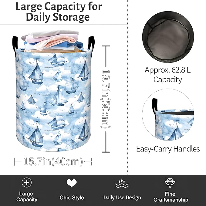Sailboat Laundry Basket, Vintage Blue Ship Foldable Oxford Cloth, Waterproof Dirty Clothes Hamper with Handles, Clothing Storage Bin Toy Organizer for Bedroom Dorm Bathroom, 19.7"x15.7"