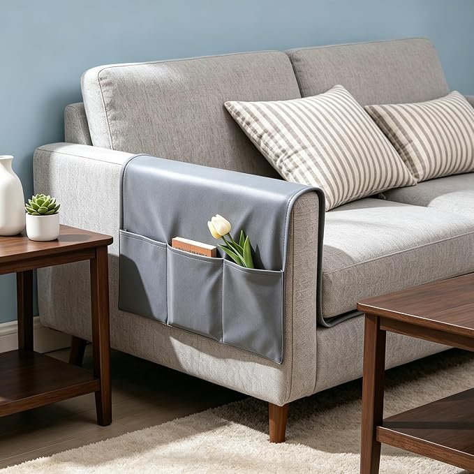 Sofa Armrest Cover with Pockets Set of 2 Furniture Protector Slip Technical Fabric Non Slip Recliner Organizer Remote Holder Caddy Accessories for Living Room Bedroom Kitchen Home 24*43.3 Inch Gray