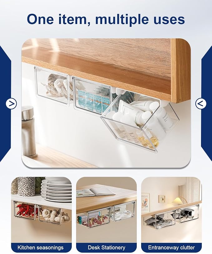 Hanging Cabinet Organizer – 33° Tilted Under Desk Drawer & Bathroom Storage – Self-Adhesive Clear Pull-Out Bins for Kitchen, Office & Vanity (Medium)