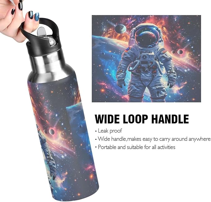 Astronaut Planets Galaxy Space Water Bottle with Straw Lid Kids Insulated Stainless Steel Water Flask Sports, 20 Oz Hot Cold