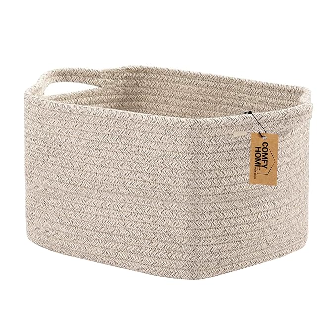 COMFY-HOMI Cotton Rope Woven Basket with Handles for Shelves,Toys,Book, Cloth Storage Baskets Bin for Organizing- 1 PCSToy Decorative Organizer for Living Room, Bathroom