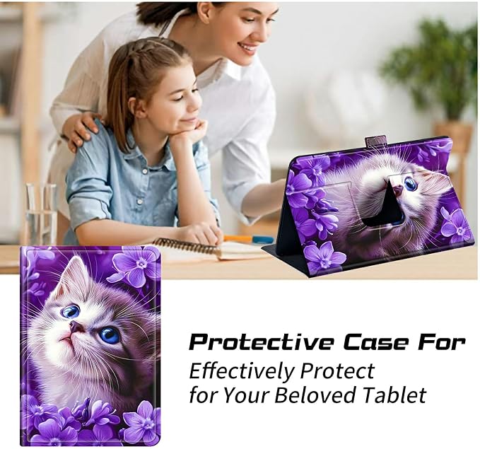 Universal Case for T-Mobile Revvl Tab 2 10.1" Model:9185W 2025/Revvl Tab 5G 10.36" 2023, 360 Degree Rotating Kickstand Protective Stand Leather Shell Cover for 9"-10.5", Purple Cat Flower