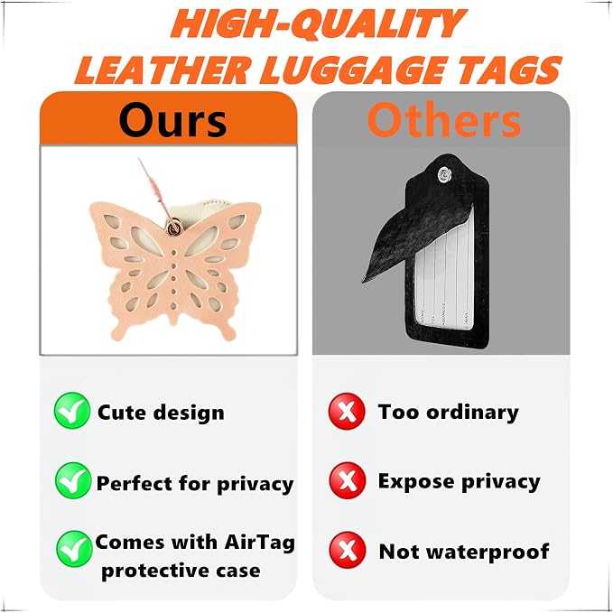 PU Leather Luggage Tag with Airtag Holder Case Set and Name ID Label | Hidden Compartment for AirTag Travel Suitcase Tracking Case with Stainless Steel Loop,Cute Fruit Plant Styles,Butterfly