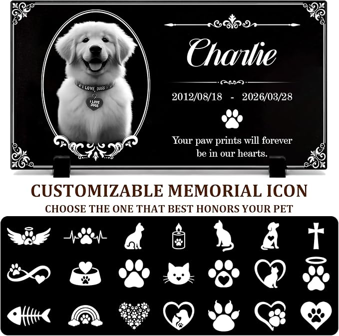 Personalized Pet Memorial Stone, Custom Granite Pet Grave Marker | for Dogs & Cats , Engraved Memorial Plaque with Photo Name Dates & Message, Indoor Outdoor Garden or Tabletop Display