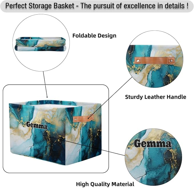 Personalized Storage Bins, Customized Name Storage Basket Rectangle Clothes Organizer for Organizing Kids and Pets Toys Shelf Closet, Blue Cream Marble Texture