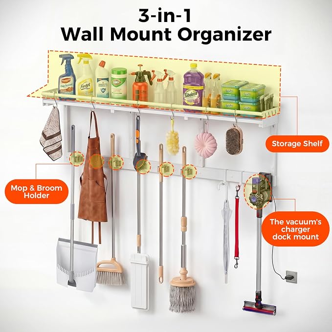 Broom Holder Wall Mount with Shelf,Broom Hanger,3 in 1 Broom and Mop Organizer Wall Hanging for Laundry,Garage,Utility,Broom Rack,Vacuum Stand Alternative,Cleaning Supplies Organizer Storage,White,XL