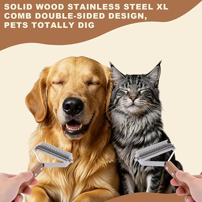Medium single-sided Handmade Wooden Dog & Cat Comb - Natural Deshedding Brush, Gentle Dematting Rake for Undercoat, Effective Grooming Tool for Long & Short Haired Pets
