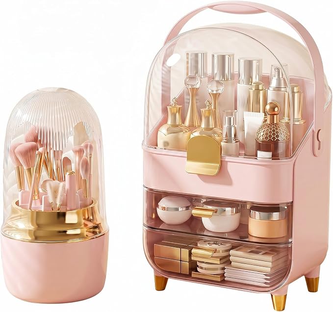 Large Pink Makeup Organizer Set with Clear Dome Cover and Brush Holder, 2-Tier Skincare Storage Case with 3 Pull-Out Drawers for Cosmetics, Lipsticks, Jewelry, and Beauty Tools（Pink）