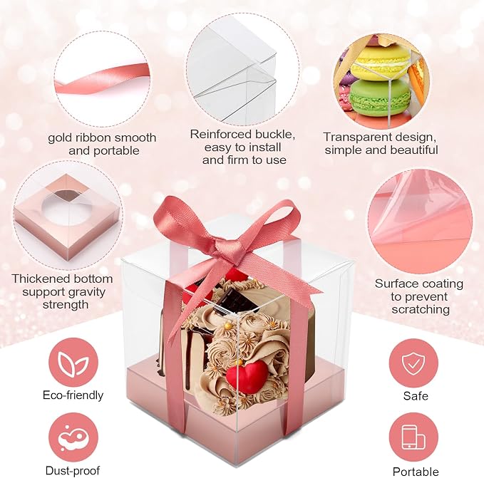 12 PCS Clear Cupcake Boxes 3.5 Inch Cupcake Containers (Rose gold) | Disposable Cupcake Carrier Plastic Individual Cupcake Storage Holder with Ribbons and Inserts for Wedding, Birthday Party