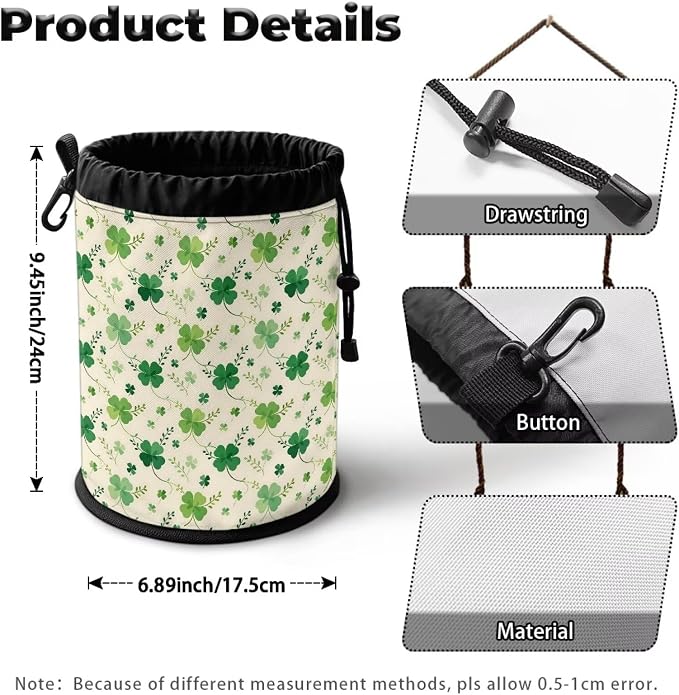 Shamrock Clothespin Bag with Hanging Hook Laundry Canvas Clothes Pin Holder Waterproof Clothespin Bag Clothespin Storage Organizer with Drawstring Closure