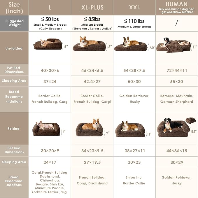 EHEYCIGA Foldable XXL Dog Bed for Large Sized Dog - 54x38x7.5, Brown | Faux Fur Fluffy Pet Couch Bed, Orthopedic Calming Memory Foam Big Pet Bed, Washable Pet Sofa Bed with Non-Slip Bottom