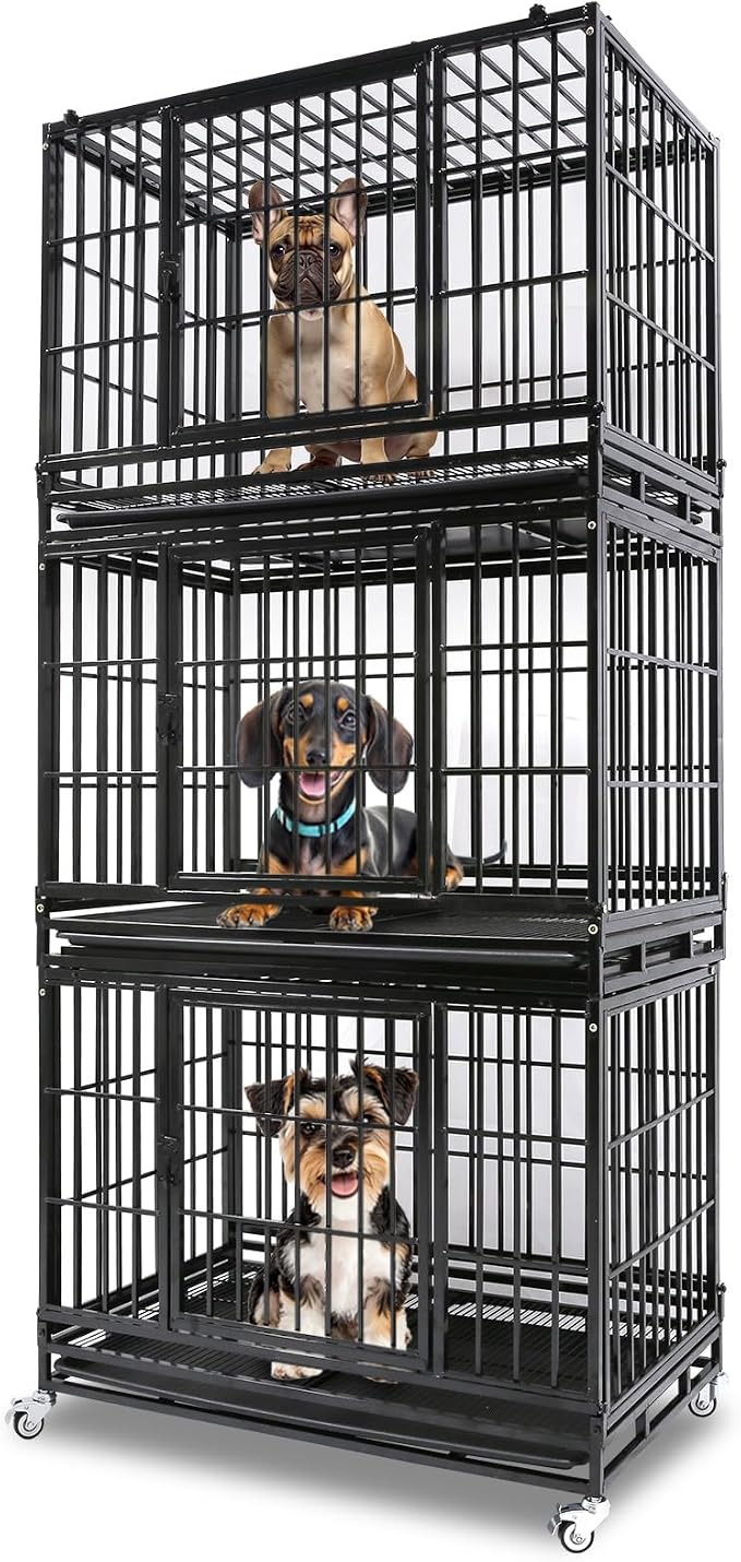 Homey Pet 37 Inch Three Tiers Stackable Dog Crates for Medium Dogs | Indestructible Heavy Duty Dog Crate Cage with Lockable Wheels, Removable Tray, Opent Top, Escape Proof Locks, Bowls