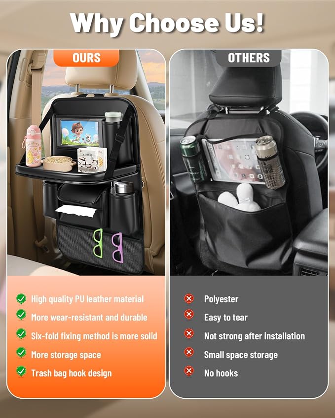 2 Pack Leather Car Backseat Organizer with Foldable Table Tray | Garbage Bag Hook, Protector Kick Mats for Kids, 8 Large-Capacity Pocket, Universal Car Seat Protector for Kids, Pets & Travel