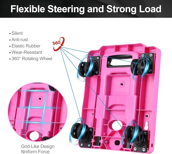 GtIiFmTe Foldable Hand Truck, Lightweight Luggage Cart for Airport Car Seat | Compact Folding dolly with Rotating swivel wheel,storage size12×15.7×4.1",300lbs Load,Upright Lock Handle with 3bungee cords