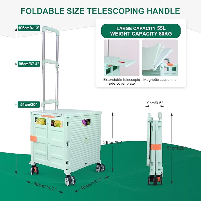 Foldable Utility Cart Folding Portable Rolling Crate with Magnetic Extended Lid,360°Rotate Wheels,176LBS Load Capacity,Heavy Duty Durable Dolly Cart for Teacher Tourist Shopping Office Outdoor