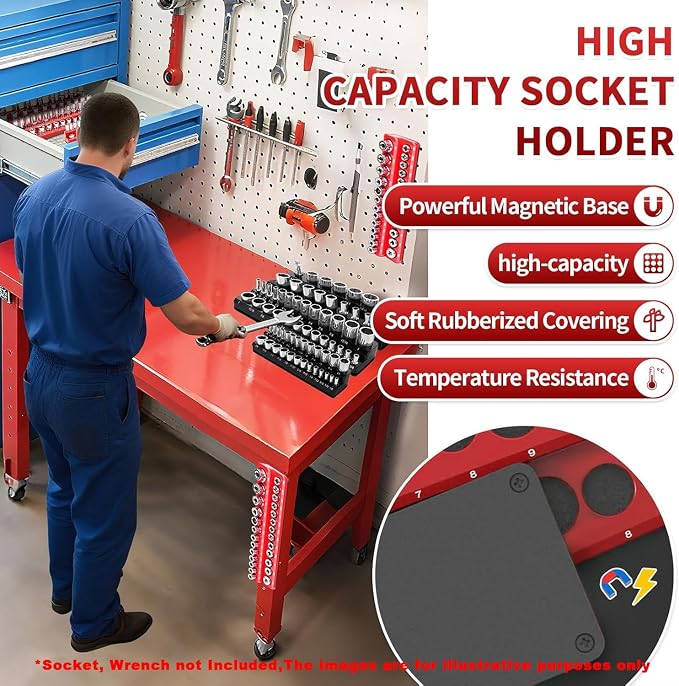 Magnetic Socket Organizer Set, 8PCS Socket Holder, 6 Socket Trays & 2 Wrench Racks, Metric & SAE Tool Box Organizer for 1/4", 3/8", 1/2" Sockets for Toolbox Storage(Socket, Wrench not Included)
