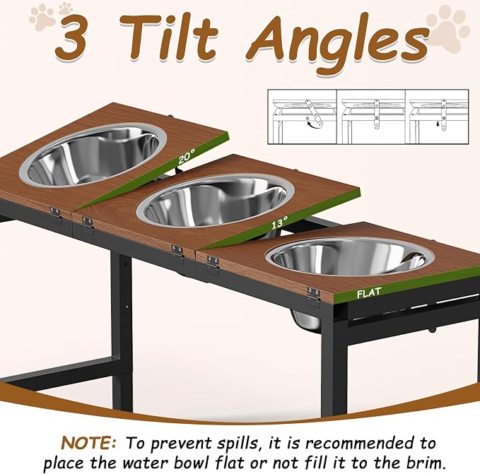 Elevated Dog Bowls Large Breed, Adjustable, 3 Bowl 12.5cup/101oz | 15"/16"/17"/18"/20" Height Fits Giant Dogs Like Great Dane, Stainless Steel Bowls , Iron Holder, Wooden Platform, Grained Oak