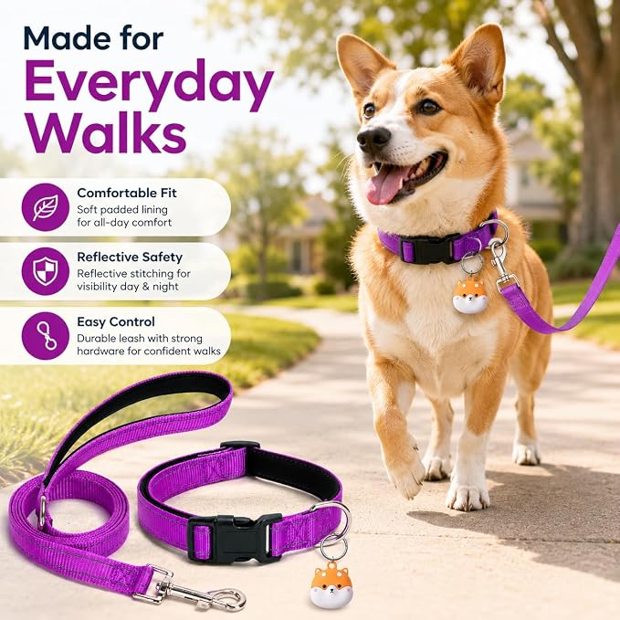 Reflective Soft Neoprene Padded Matching Dog Collar with Leash Airtag Holder Case Set Safety Breathable Adjustable Nylon Dog Collars for X-Small Small Medium Large Dogs-Purple-S