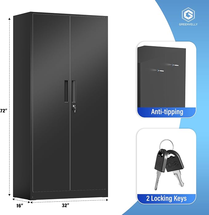 Greenvelly Metal Cabinet, 72" Black Locking Metal Storage Cabinet with 2 Doors and 4 Adjustable Shelves, Lockable Garage Storage Cabinets for Home Office, Garage, Kitchen, Living Room
