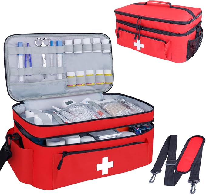 First Aid Bag Empty Large 2 Layer Medical Bag with Shoulder Strap 16”x 9½” x 7” Medicine Organizer Box Travel First Aid kit Emergency Supplies Storage Bag for Car, Home, Office, Outdoor (Red)