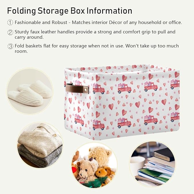 Happy Valentine's Day Storage Basket Fabric Laundry Baskets Love Heart Pickup Truck Car Storage Boxes Organizer Bag for Baby Cloth Dog Toy Book Storage Cubes Shelf Closet Bins 16×12×8 Inches