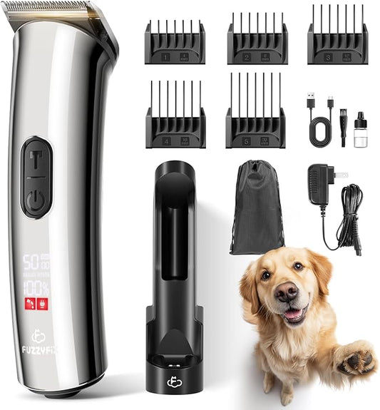 Professional Dog Grooming Clippers with Charging Dock, 5-in-1 Adjustable Blade Cordless Pet Grooming Kit 5 Speed Rechargeable Trimmer Hair Shaver with Detachable Guide Combs for Animal Horse