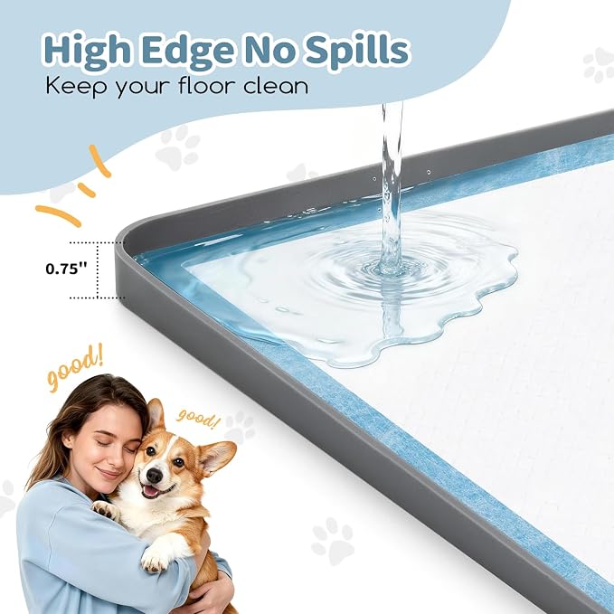 Pee Pad Holder for Dogs 24" x 24", Silicone Potty Tray with 4 Holder Clamps, High Edge No-Spill Dog Training Mat, Non-Slip Puppy Pad Tray Floor Protection for Indoor Use - Gray
