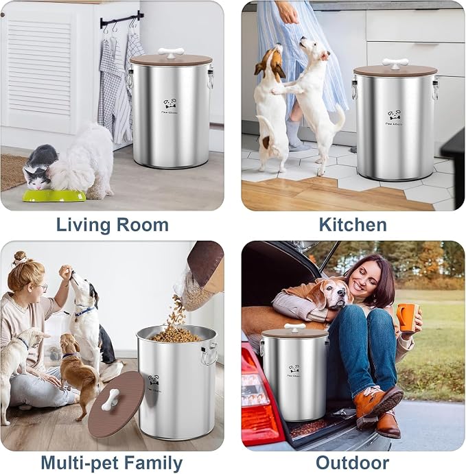 Paw Libero 2PK 25 Lbs total 50 Lbs Stainless Steel Dog Food Storage Container with Airtight Wooden Lid & Ceramic Bone Handle, Large Metal Dog Food Bin for Dogs & Cats