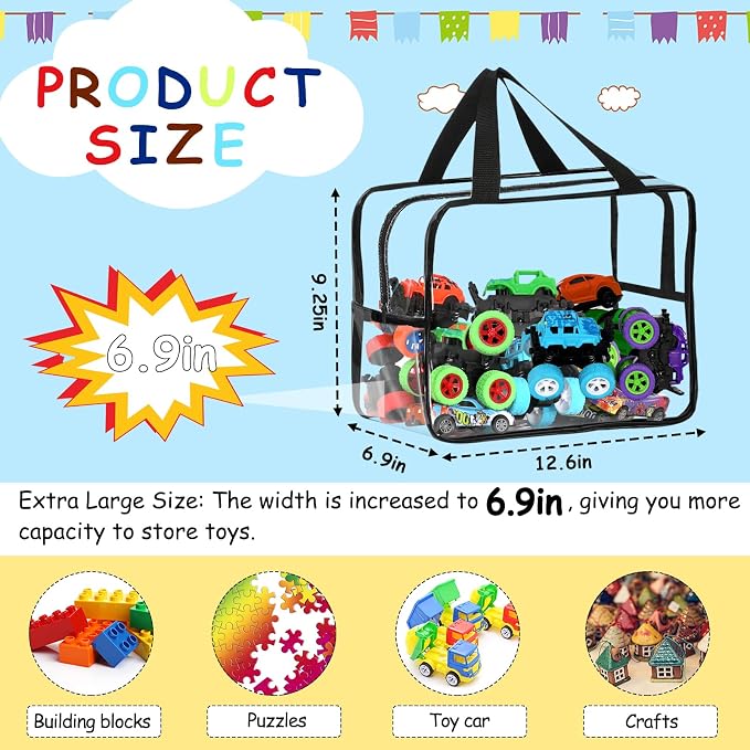 6 Pcs XL Toy Storage Bags Widen Waterproof Clear Toy Organizer with Labels | 12.6×9.25×6.9In Reusable PVC Transparent Organizer Bags with Zipper for Building Blocks, Puzzle, Board Games Travel Storage