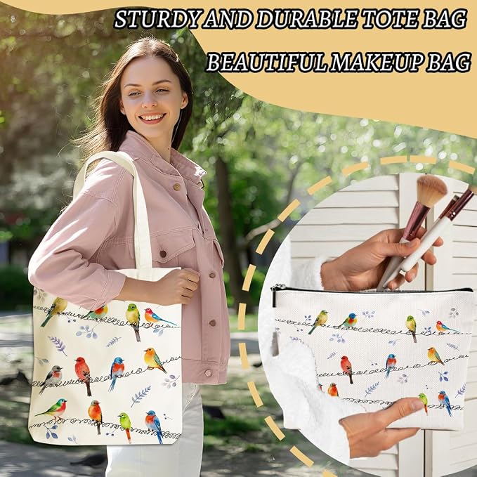 Aesthetic Cute Bird Gifts for Women Bird Lovers Girls Sister Mom Makeup Bag Canvas Tote Bag, Reusable Grocery Bags with Inner Pocket for Beach Gym Work Office Shopping Birthday Christmas Vacation