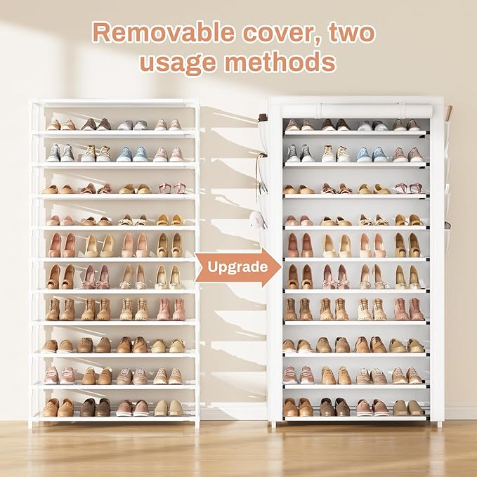 VTRIN Tall Shoe Rack with Cover, 10 Tier Shoe Organizer Storage for 50-55 Pairs Shoes and Boots Large Capacity Shoe Shelf with 8 Pockets Free Standing Shoe Rack for Closet, Entryway, Garage, White