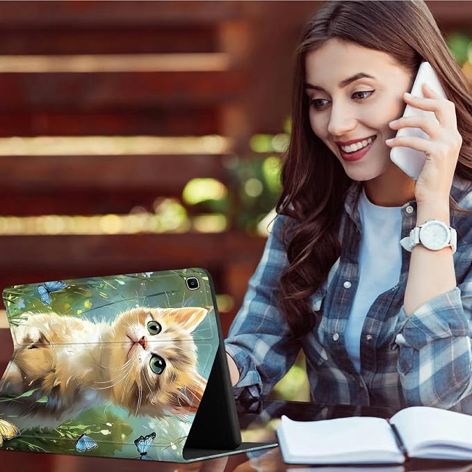 for Samsung Galaxy Tab S6 10.5" 2019 SM-T860/T865/T867 Case | Slim Leather Smart Cover with Multi-Angle Anti-Slip Stand [Auto Wake/Sleep] Shell for Women Men, Lawn Cat Butterfly