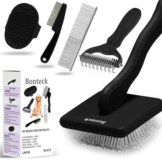 Bonteck Dog Slicker Brush for Dogs Grooming Kit 4PCS | Large Dog Brush for Goldendoodles Poodles Doodles | Long Pin Haired Brush | Poodle Brushes and Comb (Black)