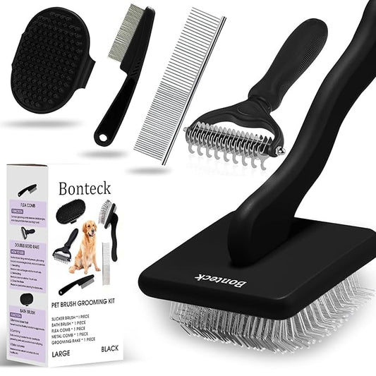 Bonteck Dog Slicker Brush for Dogs Grooming Kit 4PCS | Large Dog Brush for Goldendoodles Poodles Doodles | Long Pin Haired Brush | Poodle Brushes and Comb (Black)