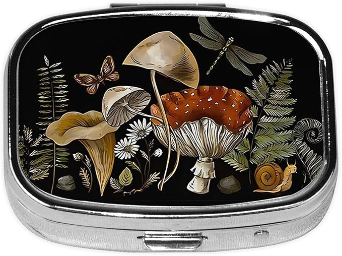 ABLESKY Pill Box, 2 Compartment Pill Organizer Case for Pocket or Purse, Small Portable Metal Travel Medicine Box with Mirror, Daily Vitamins Fish Oil Container-Retro Mushrooms