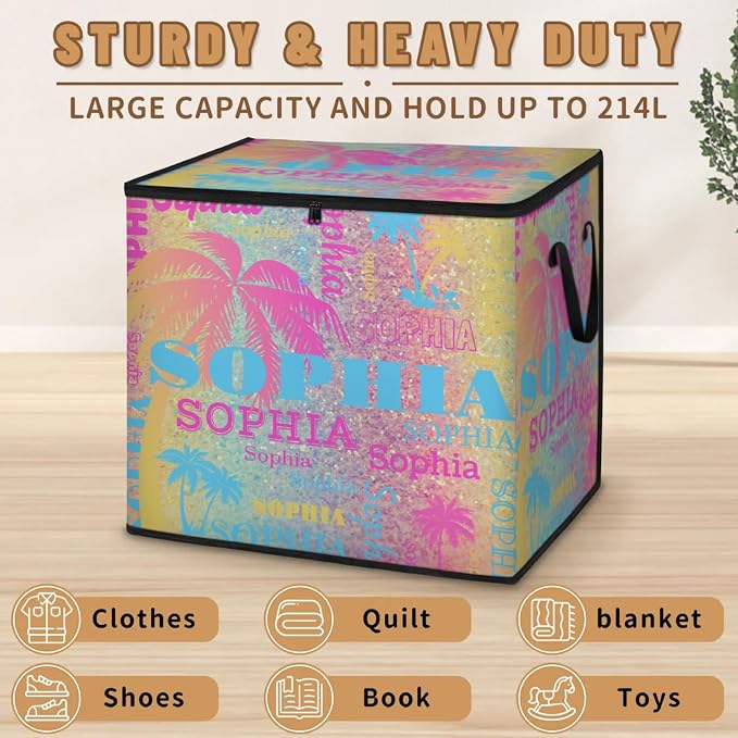 Personalized Storage Bags with Lid Large Blanket Clothes Pink Blue Yellow Palm Trees Colorful Glittering Storage Containers for Comforters,Bedding, Foldable Organizer with Reinforced Handle