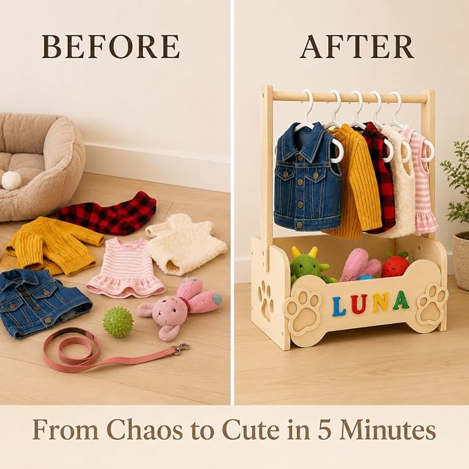 Dog Closet for Small Dogs, Wooden Clothes Rack with 10 Hangers & Toy Bin | Pulchrum personalized DIY name plate, pet apparel organizer for Chihuahua, Yorkie & Pomeranian, pet-parent gift, puppy stand