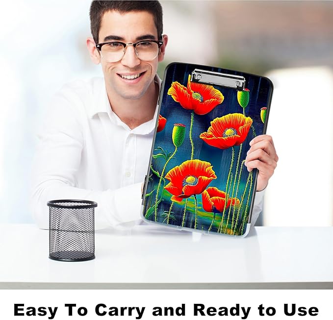 Artistic Red Flower A4 Clipboard with Storage Pen Holder, Clipboards Organizer Nursing Clipboard Foldable File Folder Plastic Clipboard Folio Clip Board for Office Students Classroom Doctor