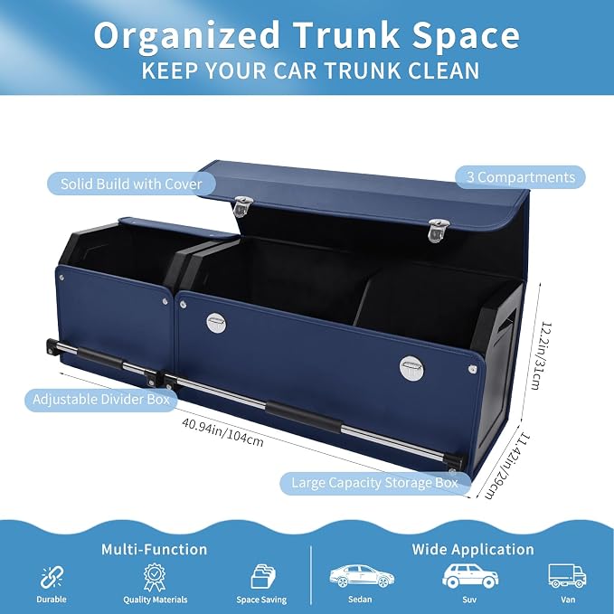 Leather Car Trunk Organizer SUV Trunk Organizer Car Trunk Storage Organizer | Large Trunk Organizer with Lid and Sturdy Handle Car Cargo Storage Box (Blue, 41 x 11.4 x 12.2in)