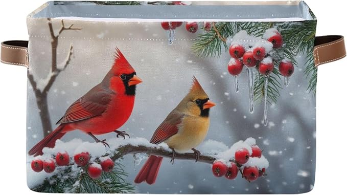 Winter Cardinal Birds Snow Storage Basket Fabric Laundry Baskets Christmas Tree Holly Berry Branches Storage Boxes Organizer Bag for Baby Cloth Dog Toy Book Storage Cubes Shelf Closet Bins 16×12×8