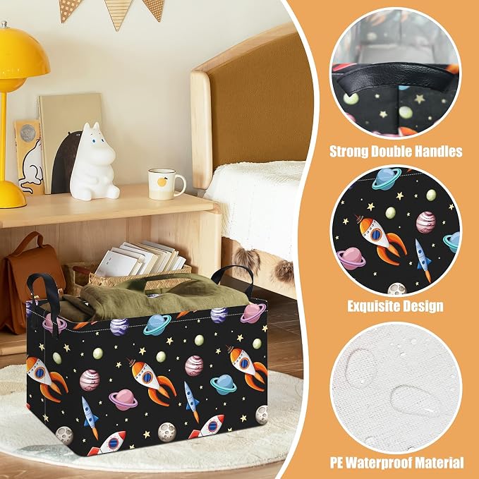 Rectangular Space Planet Rocket Storage Bin Boys Toy Organizer | Laundry Hamper Foldable Canvas with Handles for Organizing Home Kitchen Children Toys Office Closet Shelf Baskets