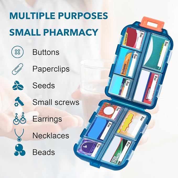 Travel Pill Organizer with 189 Medicine Labels, 10 Compartments Small Pill Case Compact and Portable Travel Pill Box for Airplane Car Purse Nurse Vacation Essentials (Green, 1 Pack)