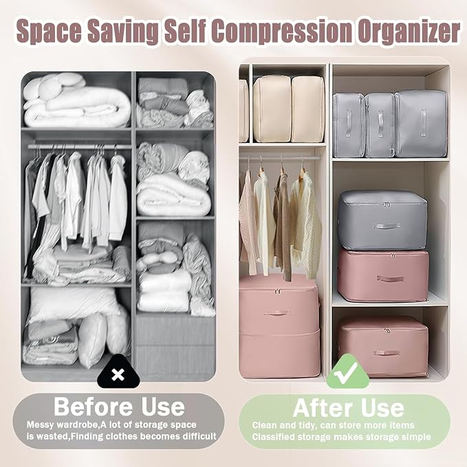 Ultra Space Saving Self Compression Organizer, 4 Pack Comforter Storage Bags with Zipper - Foldable Vacuum Sealless Storage Bags for Clothes, Bedding, Blankets & Seasonal Clothing (Grey, X-Large)