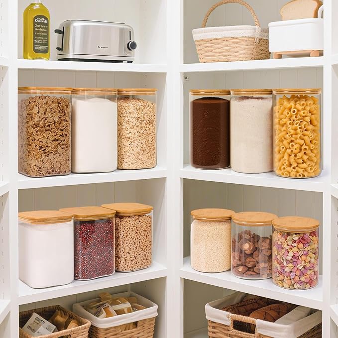 ComSaf Glass Storage Containers with Bamboo Lids 1.2/3.6 Qt 2 Pack | Pantry Organization, Flour Sugar Coffee Beans, Pasta Cereal Dry Food, Large Capacity, Cabinet Organization, Food Storage Jar