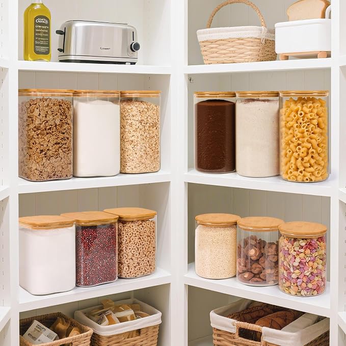 ComSaf Glass Storage Jars with Bamboo Lids 3.9 Qt 2 Pack Large Pantry Round | Flour sugar coffee beans, Pasta cereal dry food, Large capacity, Kitchen storage, Cabinet organization,Clips included