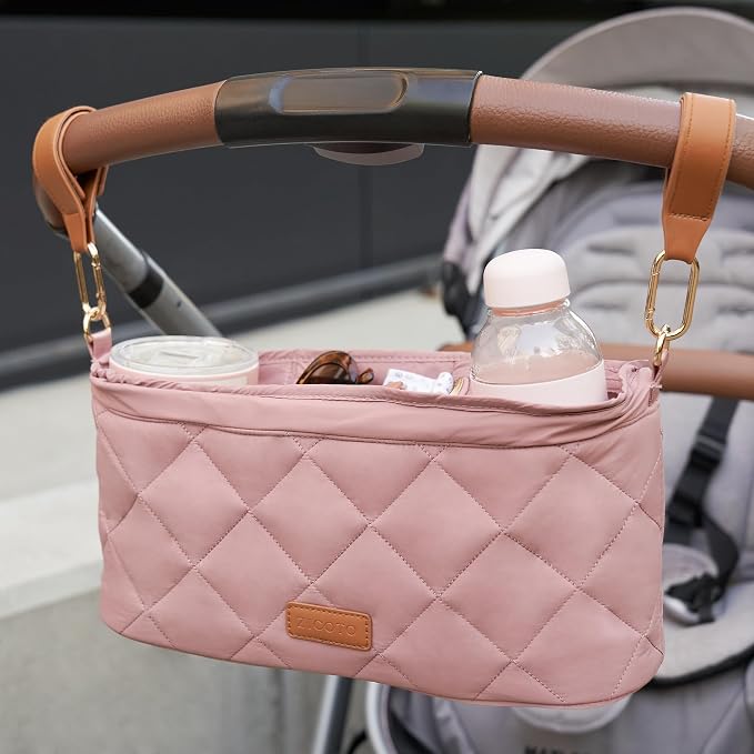Beautiful Stroller Caddy Organizer With 2 Cup Holders - Zipper Pocket Bag | Luxury Stroller Bag with Universal Fit and Leather Straps - Spacious Accessories Perfectly Fits Doona, Nuna and Uppababy